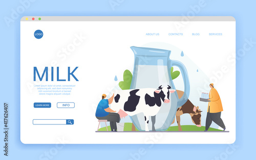 Landing page for a website depicting milk production at a dairy with cow, farmhands and jug of milk, flat cartoon colored vector illustration with copyspace