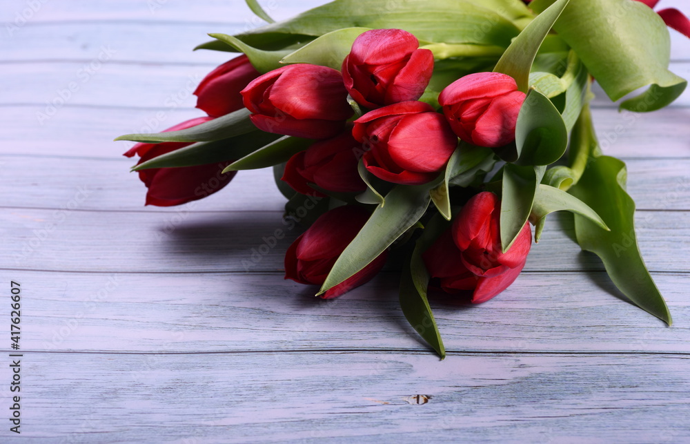 Red tulips bouquet on a blue wooden board.
Valentine's Day, Woman's Day and Mother's Day concept. Spring tulips bouquet. copy space