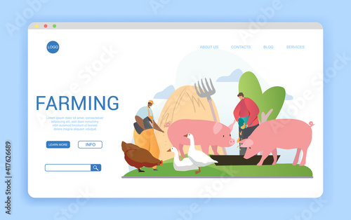 Website template for livestock farming or agriculture with farm workers feeding assorted farm animals in the farmyard, flat cartoon colored vector illustration