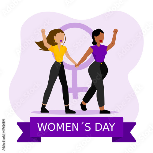 Ilustración vectorial del Día Internacional de la Mujer. Dos mujeres de la mano manifestándose. Feminismo