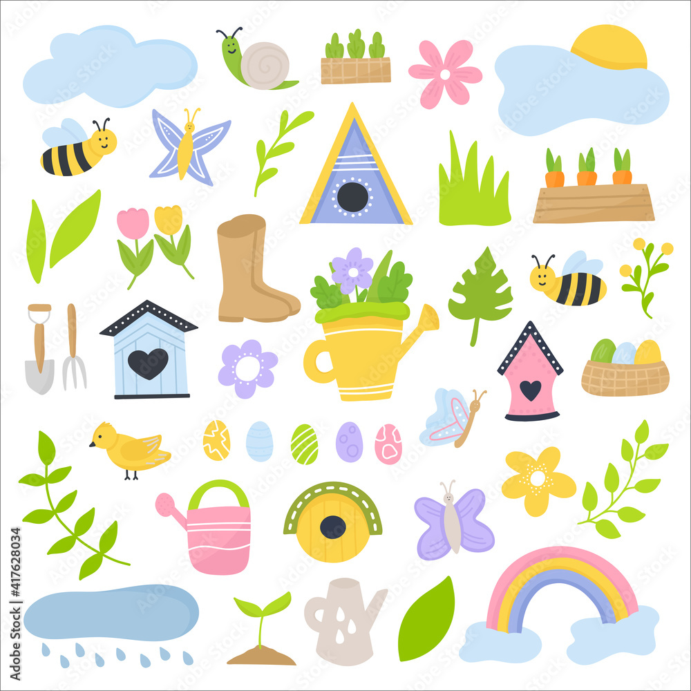 Gardening spring hand drawn set with cute elements