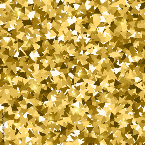 Glitter seamless texture. Adorable gold particles. Endless pattern made of sparkling triangles. Inde