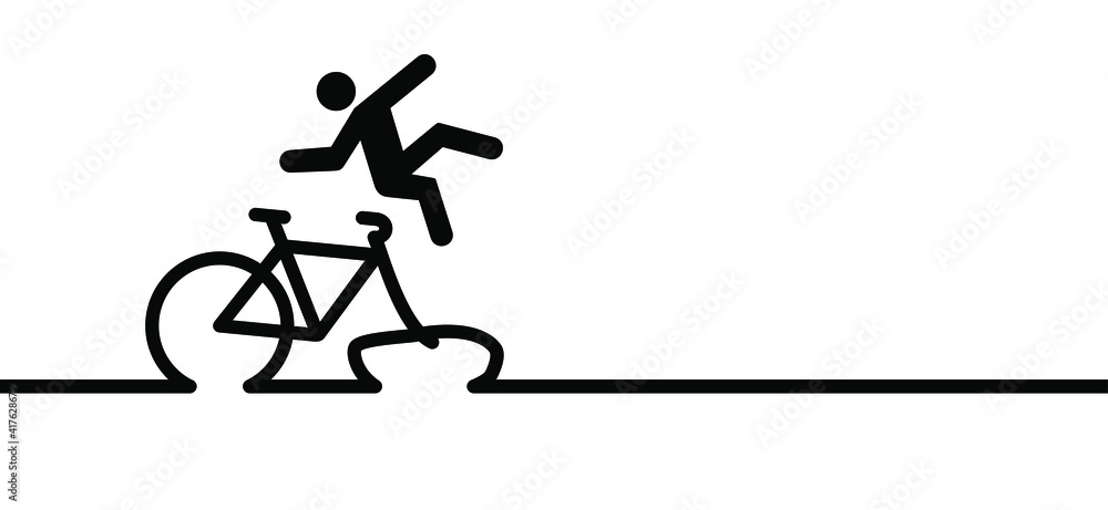 Person falling down off a bicycle icon. Falling bike cartoon sign. Dangerous, cyclist fall pitcogram. Flat ector. Stop, caution cycling symbol. Person falling down off a bicycle icon. Falling bike cartoon sign. Dangerous, cyclist fall pitcogram. Flat ector. Stop, caution cycling symbol.
