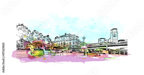 Building view with landmark of Bilbao is the
city in Spain. Watercolour splash with hand drawn sketch illustration in vector.