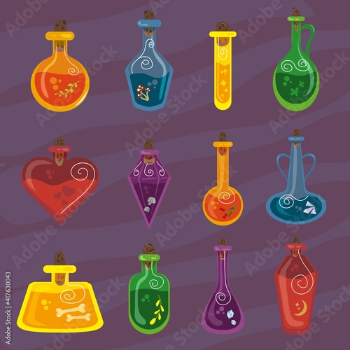 Potion bottles set. Vector icons of small flasks, magic elixir in glass flasks. Witch poison, love potion, halloween, plants, crystals, bones, clover, skulls. Alchemy set.