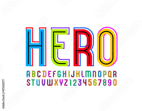 3D font with comic book hero styling, multi colored alphabet, bright condensed letters and numbers, vector illustration 10eps