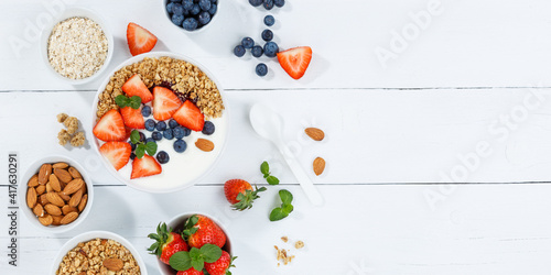 Strawberry yogurt fruit breakfast spoon bowl pot healthy eating yoghurt food wooden board copyspace copy space banner