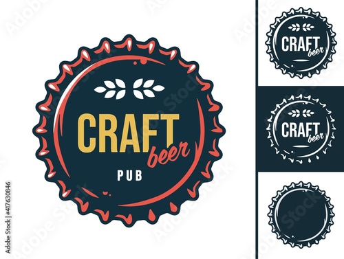 Set of emblem with metal cork from bottle. Craft beer cap for design of pub or bar