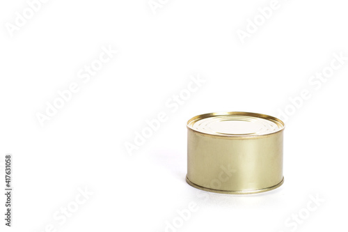 Yellow stainless metal can isolated with copy space.