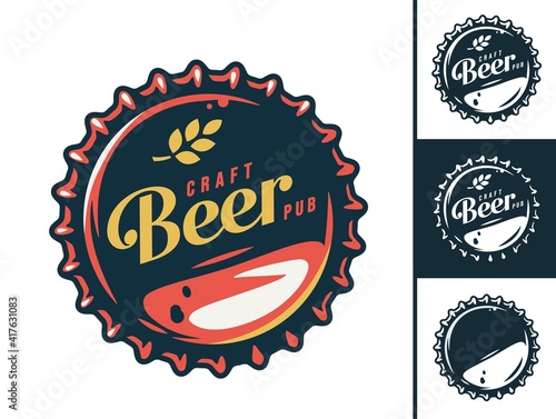 Set of emblem with metal cork from bottle. Craft beer cap for design of pub or bar