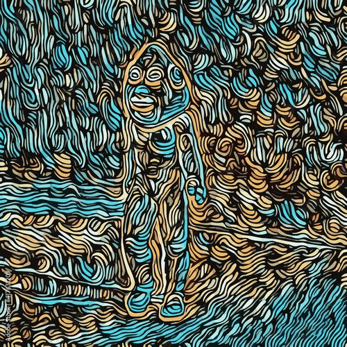 Surreal character walking in the middle of a psychedelic environment. Vector illustration