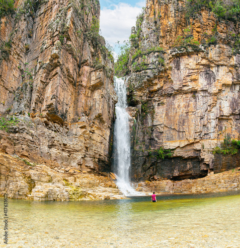 Panoramic view of the Canyons of Furnas waterfall at Capitólio MG, Brazil. Waterfall between big rocky walls. Brazilian eco tourism destination, of Minas Gerais state. photo