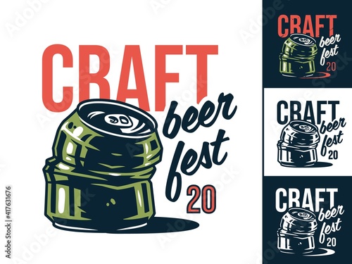 Set of emblem or T-shirt print with crumpled alcohol can. Craft lager beer tin for design of pub or bar