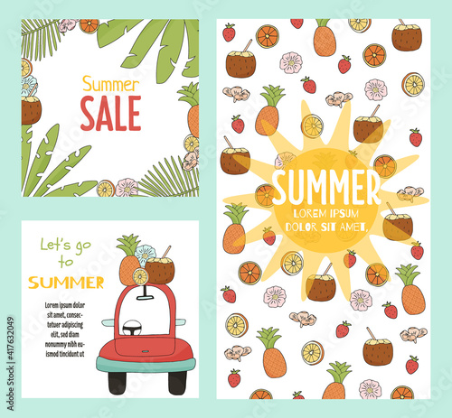 A set of templates for social media with summer items. The concept of summer sales  vacations and travel. Bright vector illustrations. 