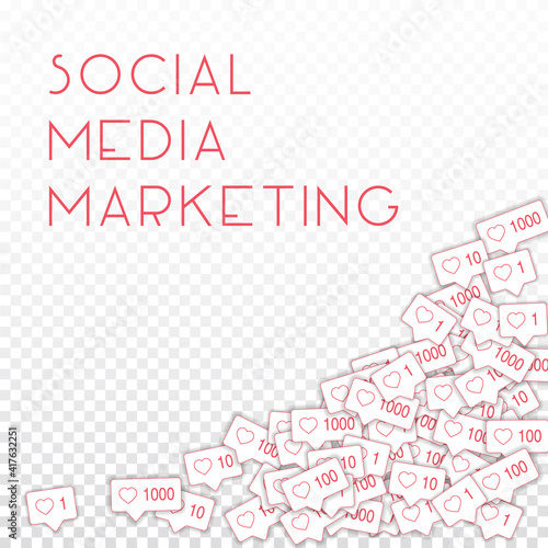 Social media icons. Social media marketing concept. Falling pink like counter. Bottom right corner e