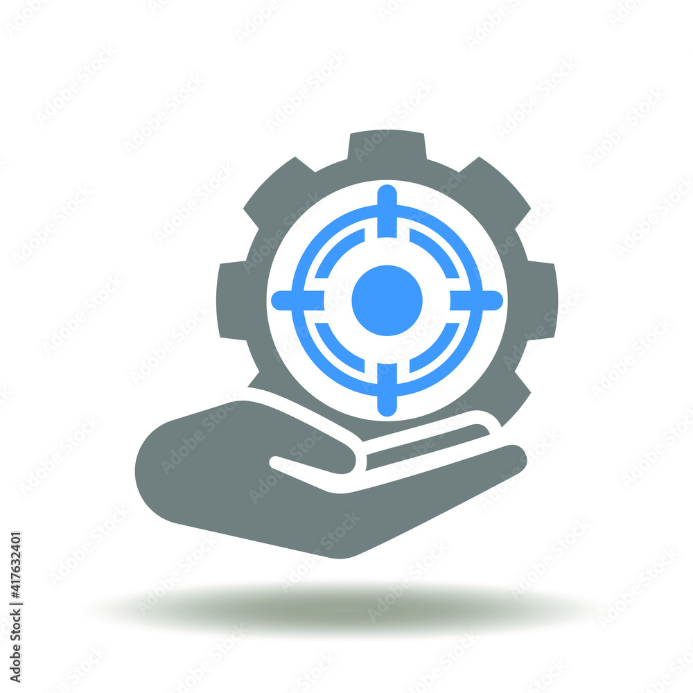 Hand hold and give gear with aim icon vector. Objective business strategy symbol. Goal achievement sign.