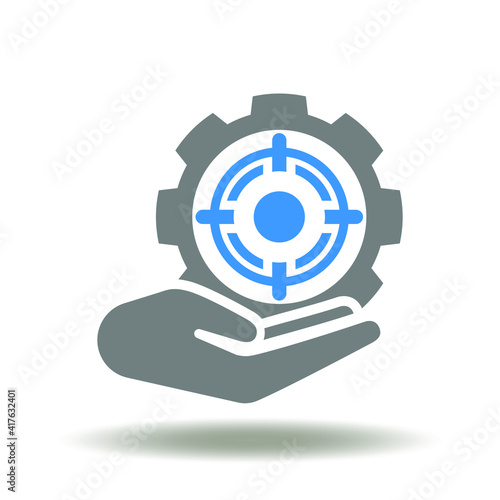 Hand hold and give gear with aim icon vector. Objective business strategy symbol. Goal achievement sign.