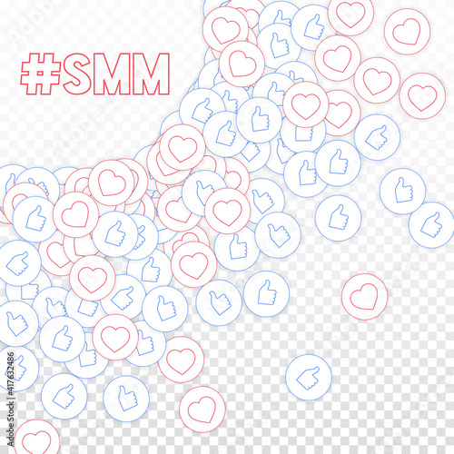 Social media icons. Smm concept. Falling scattered thumbs up hearts. Radiant left top corner element