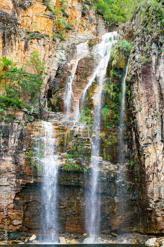 Close up view at the waterfall of Canyons of Furnas, at Capitólio MG, Brazil. Waterfall flowing between sedimentary rocks. Landscape of Brazilian eco tourism destination of Minas Gerais state.