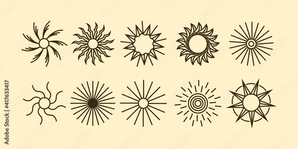 collection set of sun icons. sun logo in boho style symbol. vector element illustration for decoration in modern minimalist style. bohemian nature design. collection set of sun icons. sun logo in boho style symbol. vector element illustration for decoration in modern minimalist style. bohemian nature design.