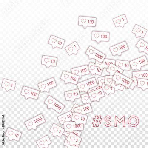 Social media icons. Smo concept. Falling pink like counter. Radiant right bottom corner elements on
