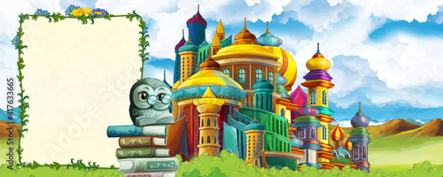 Cartoon nature scene with beautiful castle and the forest illustration