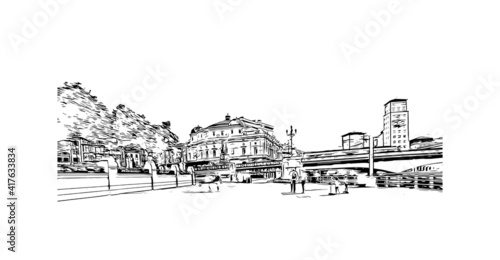 Building view with landmark of Bilbao is the
city in Spain. Hand drawn sketch illustration in vector.