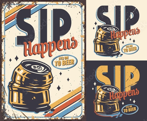 Set of poster, emblem or t-shirt print with crumpled alcohol can. Craft lager beer tin for design of pub or bar