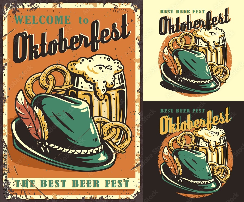 © Casoalfonso - Set of poster, t-shirt colored print with beer pretzels and bavarian hat with a feather for oktoberfest © Casoalfonso - Set of poster, t-shirt colored print with beer pretzels and bavarian hat with a feather for oktoberfest