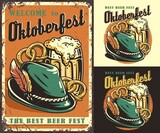 Set of poster, t-shirt colored print with beer pretzels and bavarian hat with a feather for oktoberfest