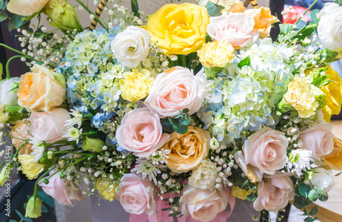 Beautiful  colorful  vibrant bouquet of flowers  roses  irises  daisies  hydrangea .. Wedding  event  women s day concept