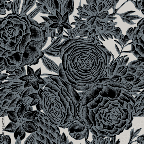 Seamless pattern with hand drawn stylized peony, ranunculus, wax flower, ornithogalum, hyacinth