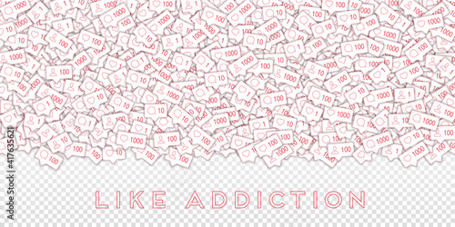 Social media icons. Like addiction concept. Falling counter comment friend notification. Wide top gr