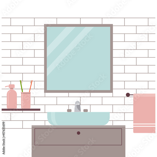 Vector modern cozy bathroom in flat style. Sink, furniture and mirror on a brick wall background. Home interior.