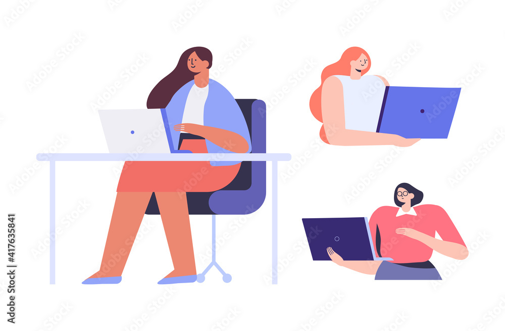 Woman working Laptop cartoon vector flat illustration