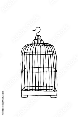 Empty hanging vintage birdcage - hand drawn vector illustration