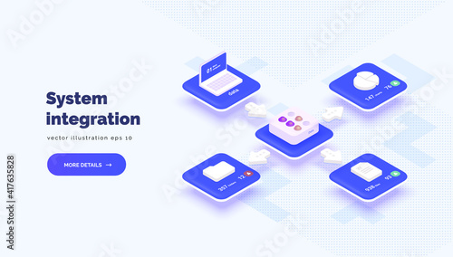 Integration system between different platforms with access to information. Digital technologies. Data transmission and protection. Vector illustration isometric style, 3D