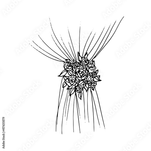 tulle tied and decorated with flowers - vector sketch. wedding decor interior hand drawn illustration