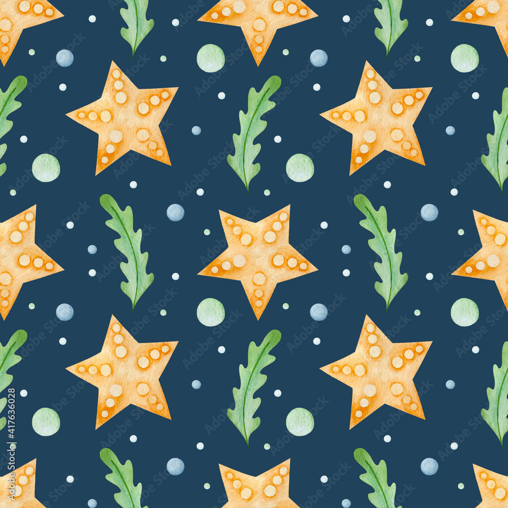 Watercolor seamless pattern of starfish and seaweed. Watercolor seamless pattern of starfish and seaweed.