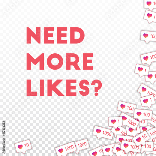 Social media icons. Need more likes concept. Falling gradient like counter. Fine abstract right bott