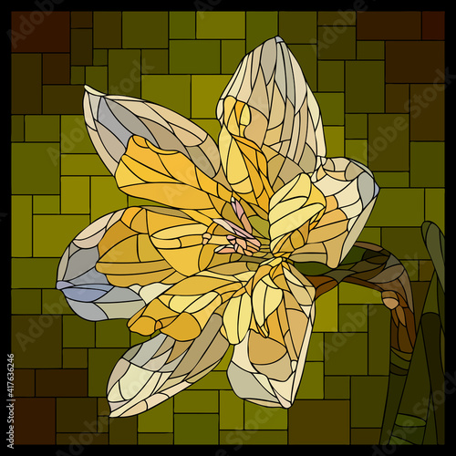 Vector square mosaic with blooming white and yellow narcissus flower in stained glass window.