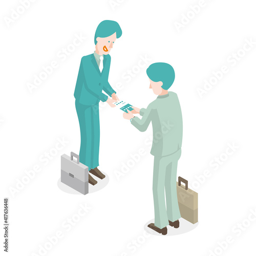 名刺交換する会社員のアイソメ