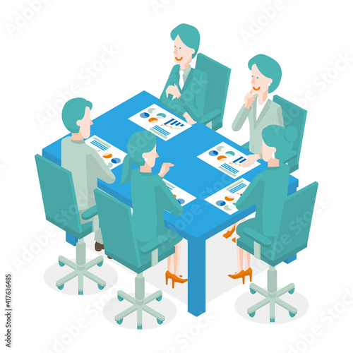 企画会議をする会社員のアイソメ