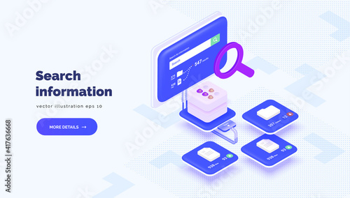 System of electronic classification and search of corporate data. Fast data search. Classification of files, folders, reports, graphs. Vector illustration isometric style, 3D