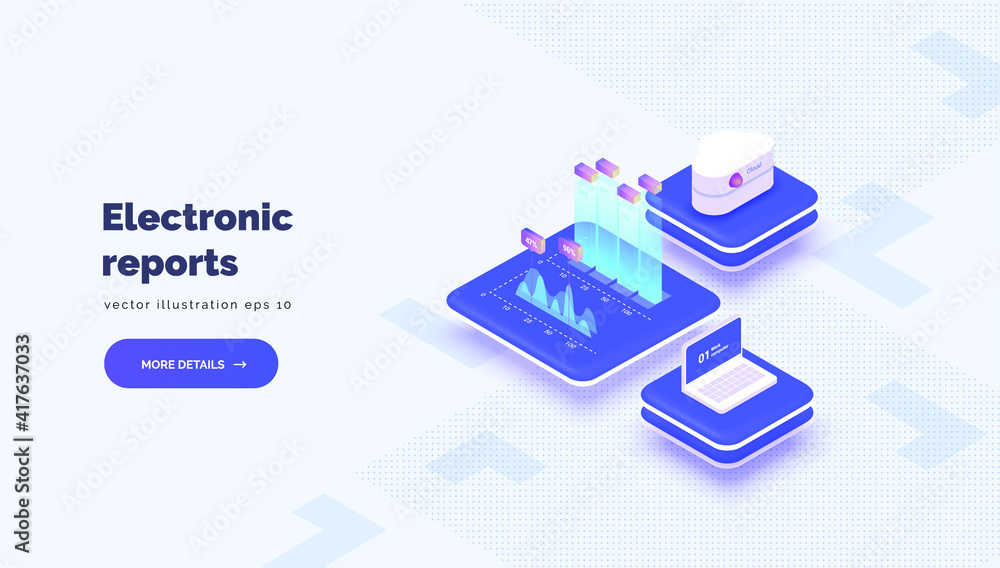 Electronic reporting. Vector conceptual illustration with cloud server laptop interaction and e-reporting system. Electronic statistics and analytics. Isometric style Electronic reporting. Vector conceptual illustration with cloud server laptop interaction and e-reporting system. Electronic statistics and analytics. Isometric style