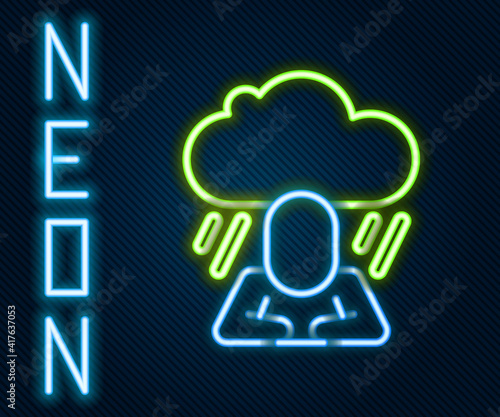 Glowing neon line Depression and frustration icon isolated on black background. Man in depressive state of mind. Mental health problems. Colorful outline concept. Vector.