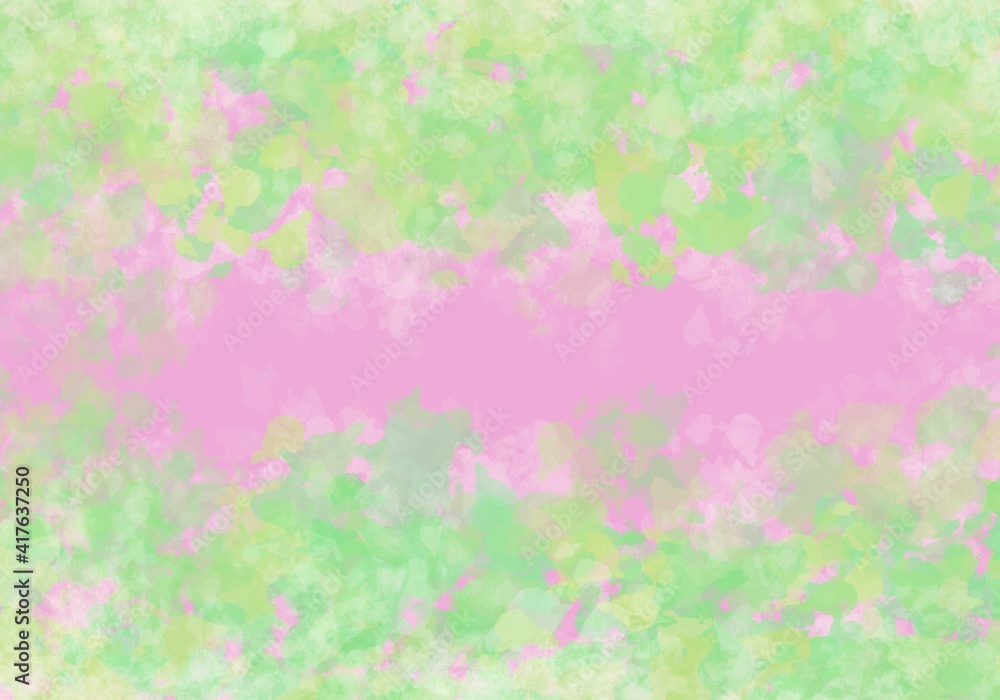 Abstract background. Spring texture with a picturesque effect. Spots, brush movements of green, pink and white colors. The background illustration is suitable for packaging, wallpaper, and cover art. Abstract background. Spring texture with a picturesque effect. Spots, brush movements of green, pink and white colors. The background illustration is suitable for packaging, wallpaper, and cover art.