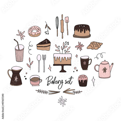 Vector bakery set. Hand drawn illustrations. Set of food and dishes are perfect for pastry shop design, cafe menu, confectioner logo, label, postcard, poster