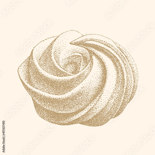 airy french meringue twirls, marshmallow, zefir. Hand drawn vector Illustration in graphic vintage retro style. sweetness, sweet cake, dessert.