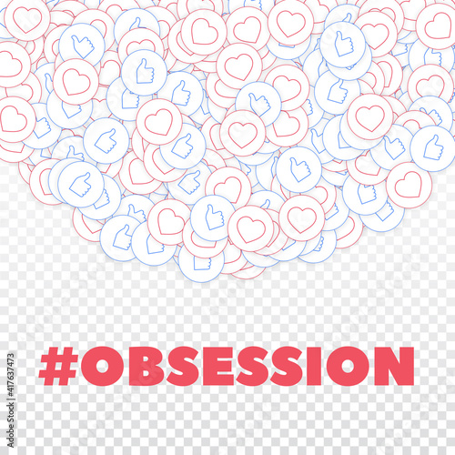 Social media icons. Social media obsession concept. Falling scattered thumbs up hearts. Top semicirc